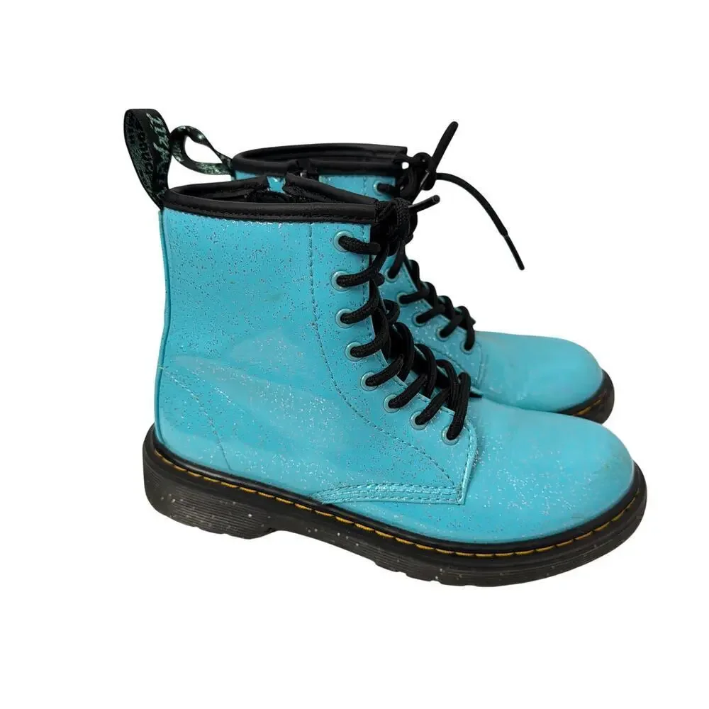 Dr Martens Boots Girls Size 2 Blue Sparkle 1460 J Side Zip Lace Up Youth